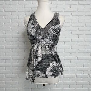 Y2K Abstract Print Empire Waist Tank Top • Fairycore Grunge • Lace Trim V-Neck S